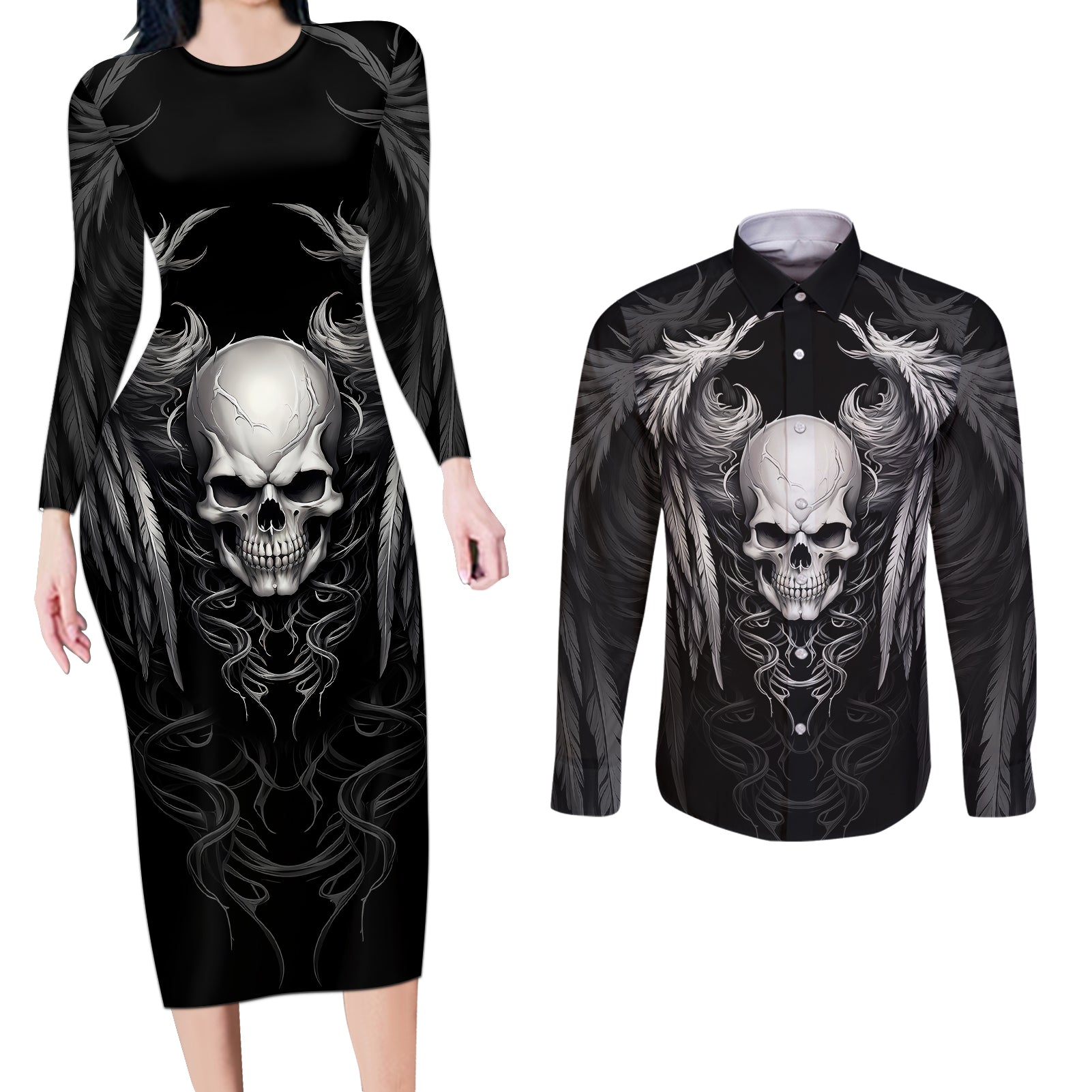 Skull and Wings Couples Matching Long Sleeve Bodycon Dress and Long Sleeve Button Shirts Even The Devil Was Once An Angel - Wonder Print Shop