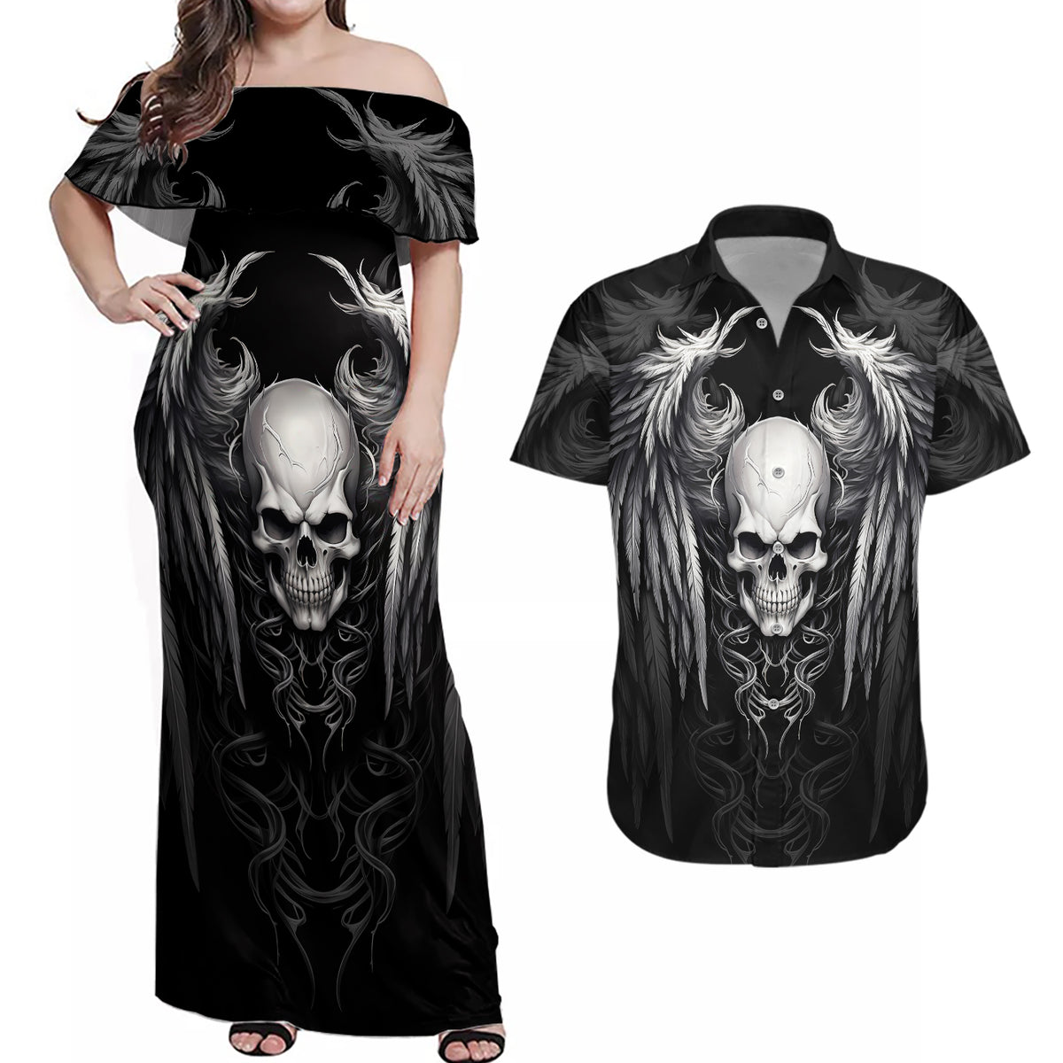 Skull and Wings Couples Matching Off Shoulder Maxi Dress and Hawaiian Shirt Even The Devil Was Once An Angel - Wonder Print Shop