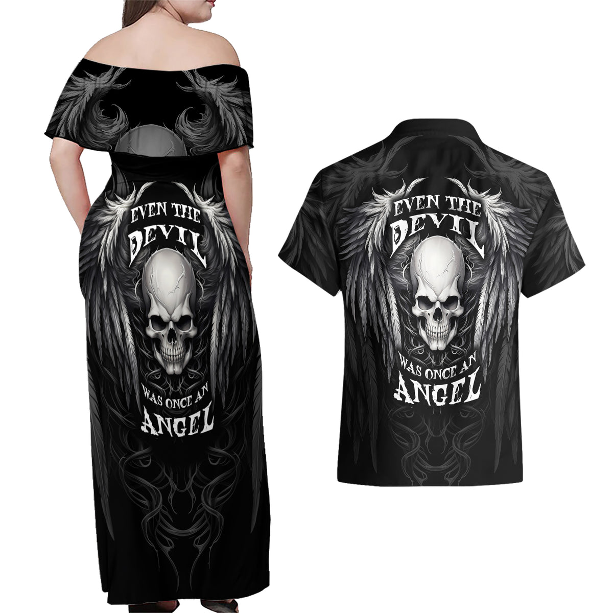 Skull and Wings Couples Matching Off Shoulder Maxi Dress and Hawaiian Shirt Even The Devil Was Once An Angel - Wonder Print Shop