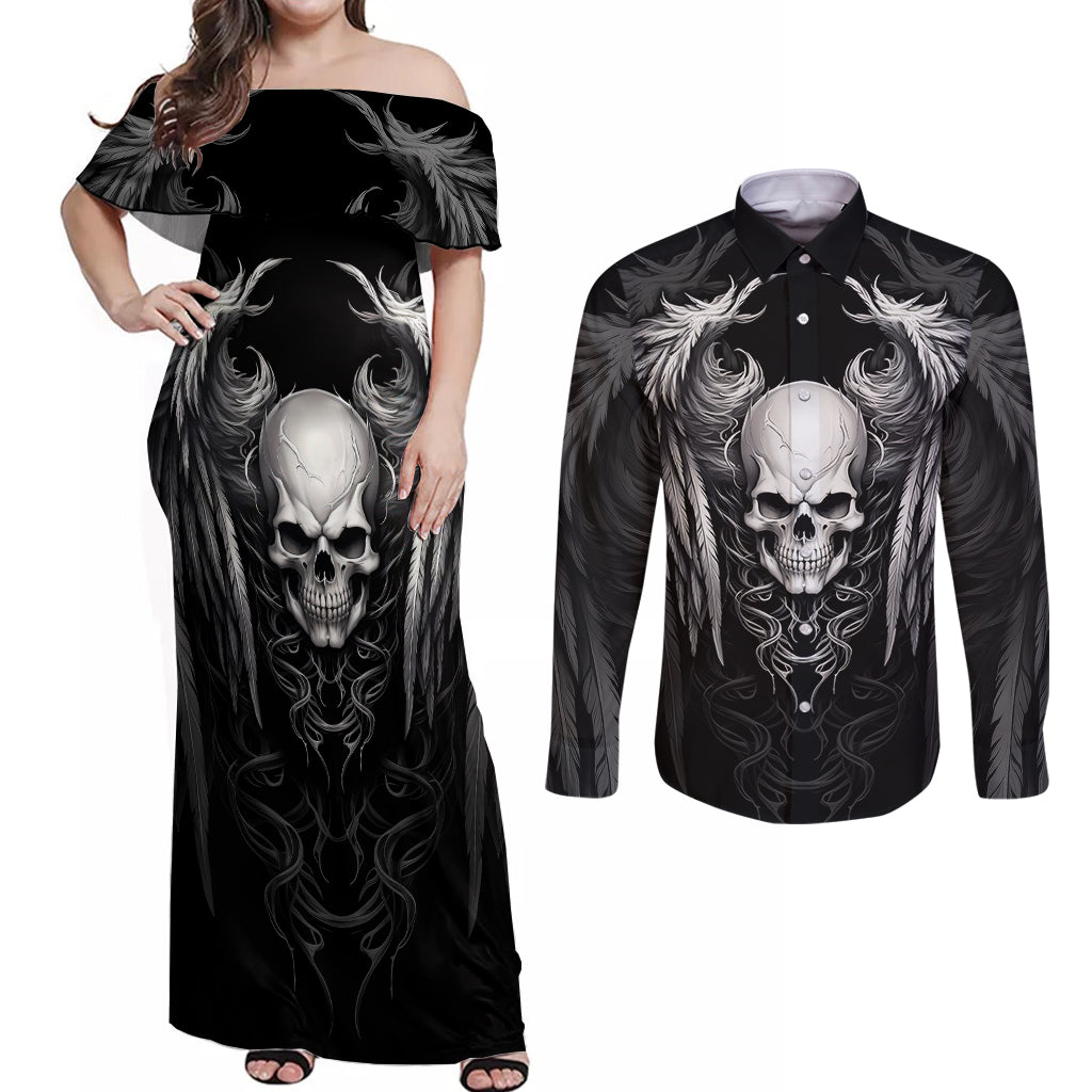 Skull and Wings Couples Matching Off Shoulder Maxi Dress and Long Sleeve Button Shirts Even The Devil Was Once An Angel - Wonder Print Shop