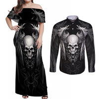 Skull and Wings Couples Matching Off Shoulder Maxi Dress and Long Sleeve Button Shirts Even The Devil Was Once An Angel - Wonder Print Shop