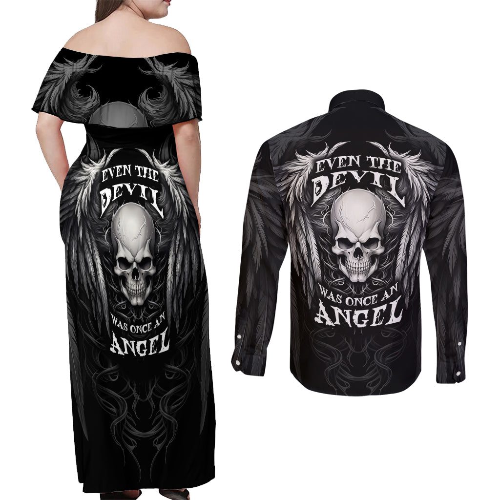 Skull and Wings Couples Matching Off Shoulder Maxi Dress and Long Sleeve Button Shirts Even The Devil Was Once An Angel - Wonder Print Shop