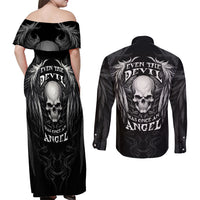 Skull and Wings Couples Matching Off Shoulder Maxi Dress and Long Sleeve Button Shirts Even The Devil Was Once An Angel - Wonder Print Shop