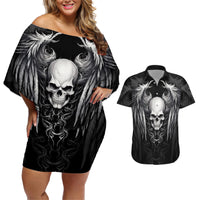Skull and Wings Couples Matching Off Shoulder Short Dress and Hawaiian Shirt Even The Devil Was Once An Angel - Wonder Print Shop