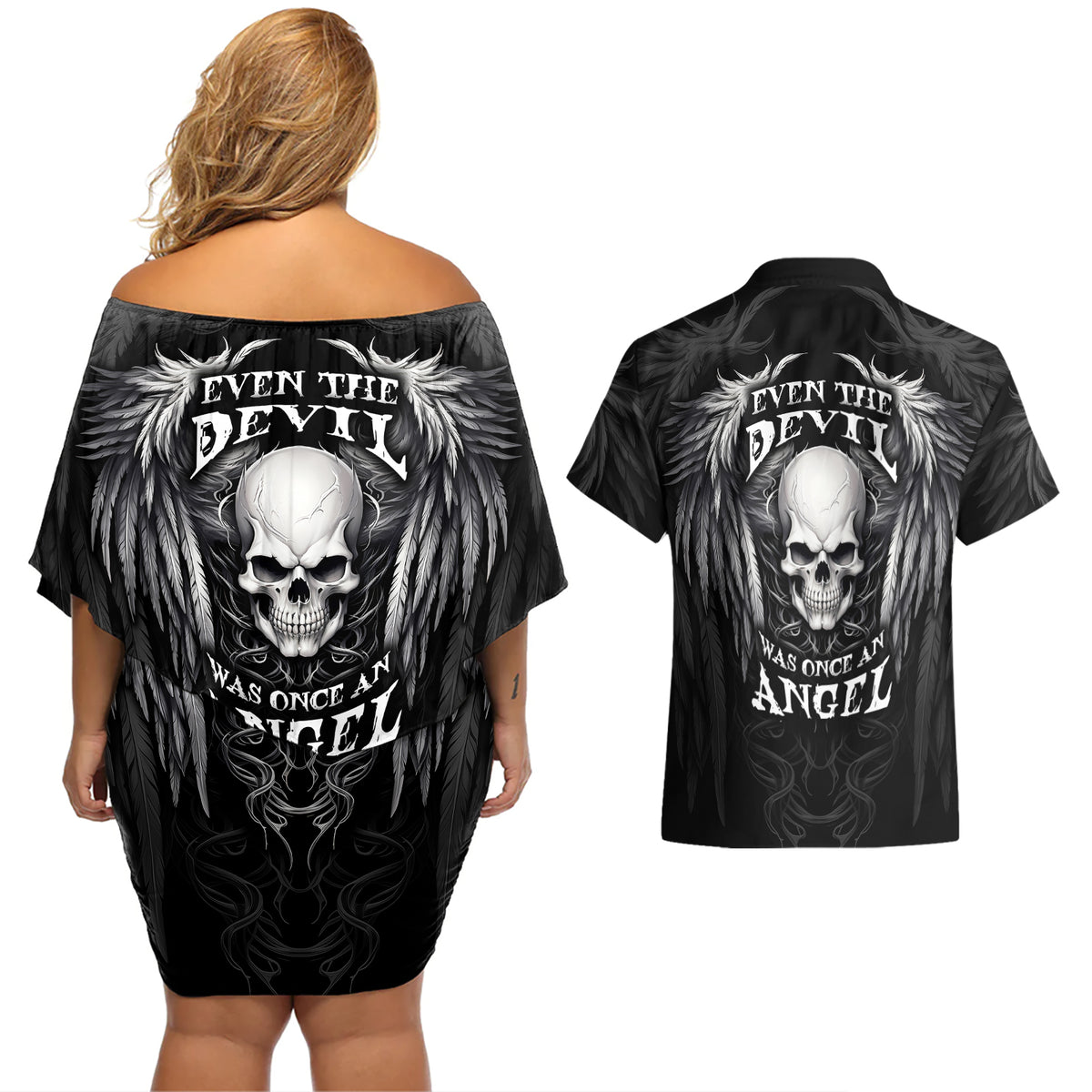 Skull and Wings Couples Matching Off Shoulder Short Dress and Hawaiian Shirt Even The Devil Was Once An Angel - Wonder Print Shop