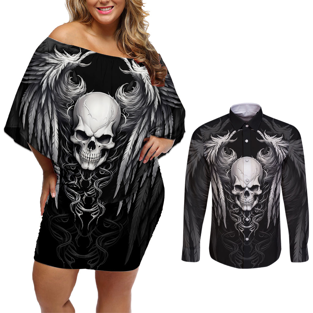 Skull and Wings Couples Matching Off Shoulder Short Dress and Long Sleeve Button Shirts Even The Devil Was Once An Angel - Wonder Print Shop