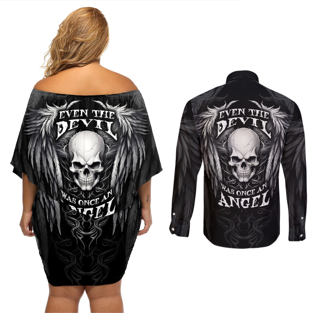 Skull and Wings Couples Matching Off Shoulder Short Dress and Long Sleeve Button Shirts Even The Devil Was Once An Angel - Wonder Print Shop