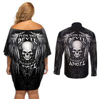 Skull and Wings Couples Matching Off Shoulder Short Dress and Long Sleeve Button Shirts Even The Devil Was Once An Angel - Wonder Print Shop