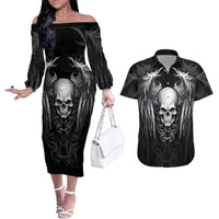 Skull and Wings Couples Matching Off The Shoulder Long Sleeve Dress and Hawaiian Shirt Even The Devil Was Once An Angel - Wonder Print Shop