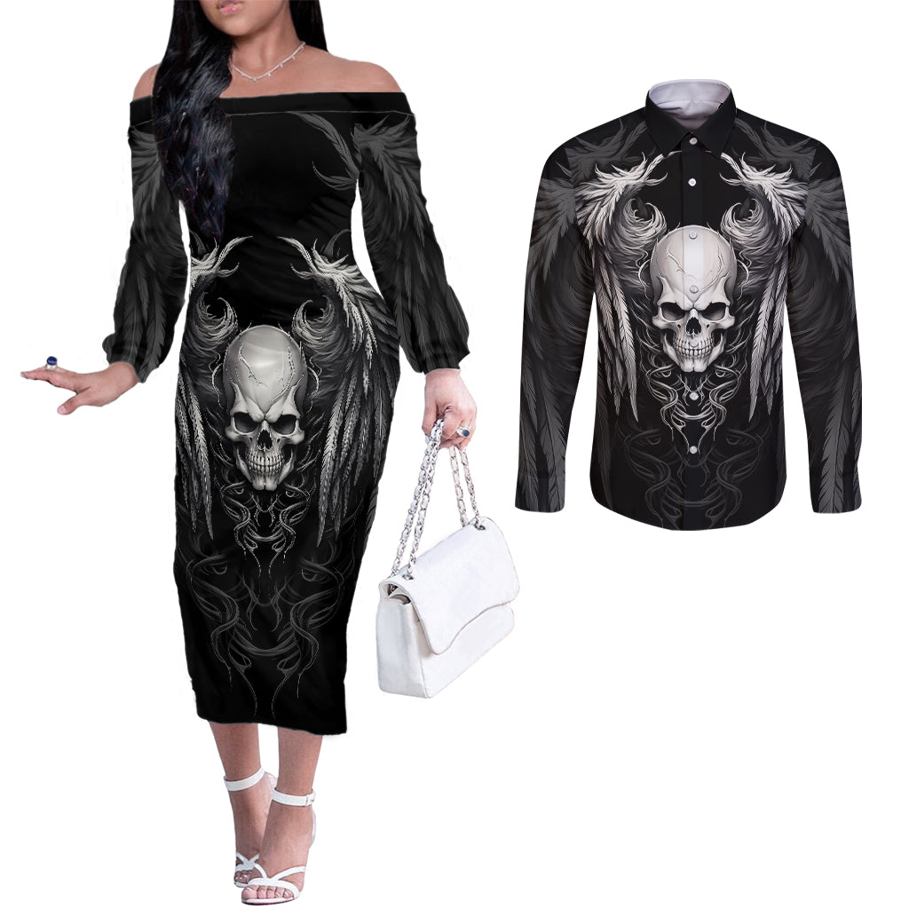 skull-and-wings-couples-matching-off-the-shoulder-long-sleeve-dress-and-long-sleeve-button-shirts-even-the-devil-was-once-an-angel