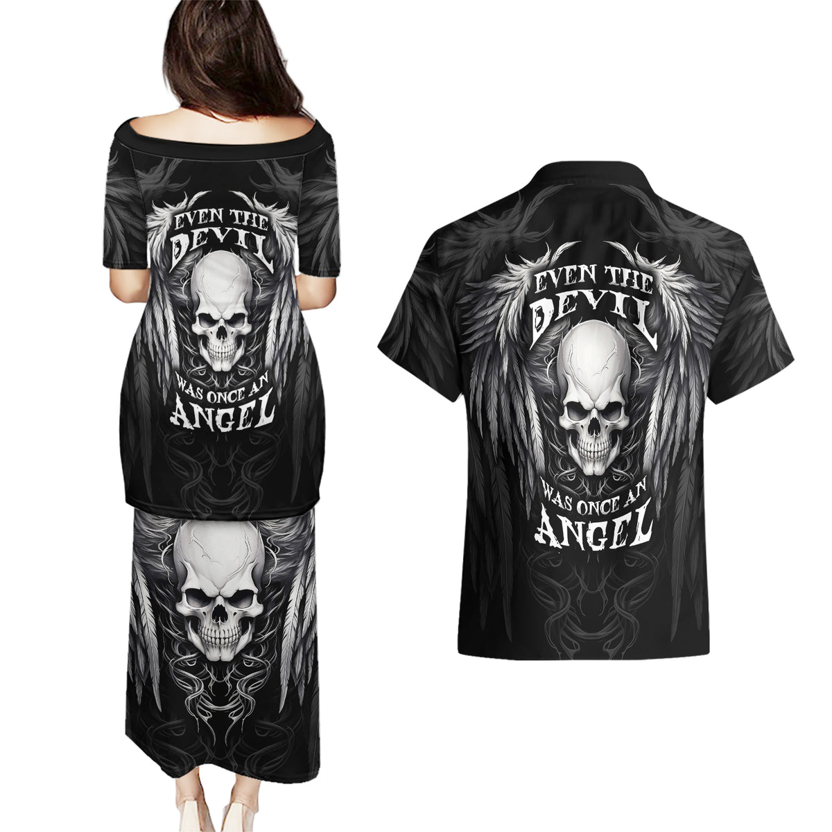 Skull and Wings Couples Matching Puletasi Dress and Hawaiian Shirt Even The Devil Was Once An Angel - Wonder Print Shop