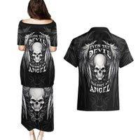 Skull and Wings Couples Matching Puletasi Dress and Hawaiian Shirt Even The Devil Was Once An Angel - Wonder Print Shop