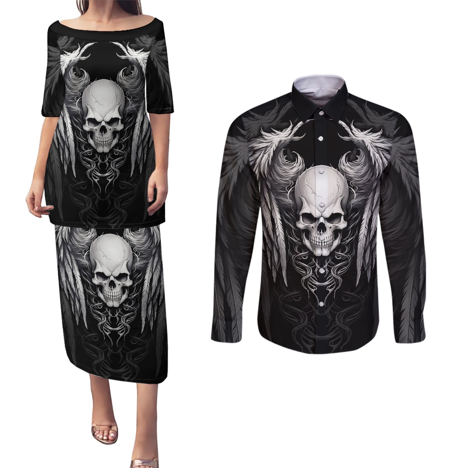 Skull and Wings Couples Matching Puletasi Dress and Long Sleeve Button Shirts Even The Devil Was Once An Angel - Wonder Print Shop