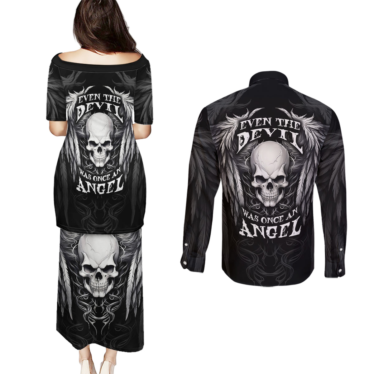Skull and Wings Couples Matching Puletasi Dress and Long Sleeve Button Shirts Even The Devil Was Once An Angel - Wonder Print Shop