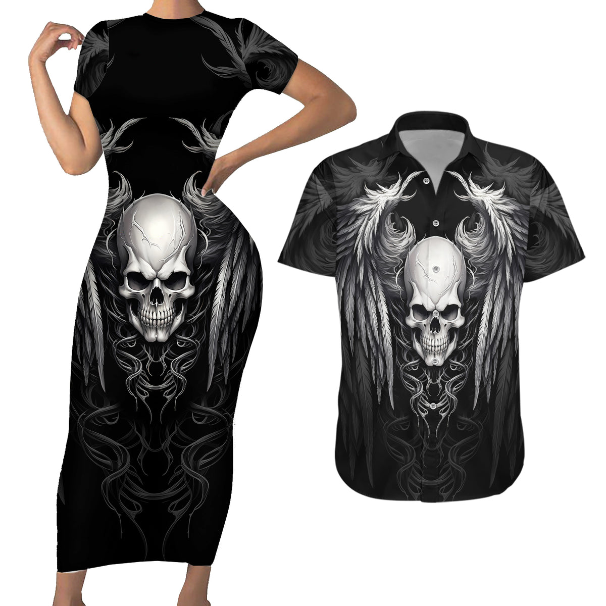 Skull and Wings Couples Matching Short Sleeve Bodycon Dress and Hawaiian Shirt Even The Devil Was Once An Angel - Wonder Print Shop