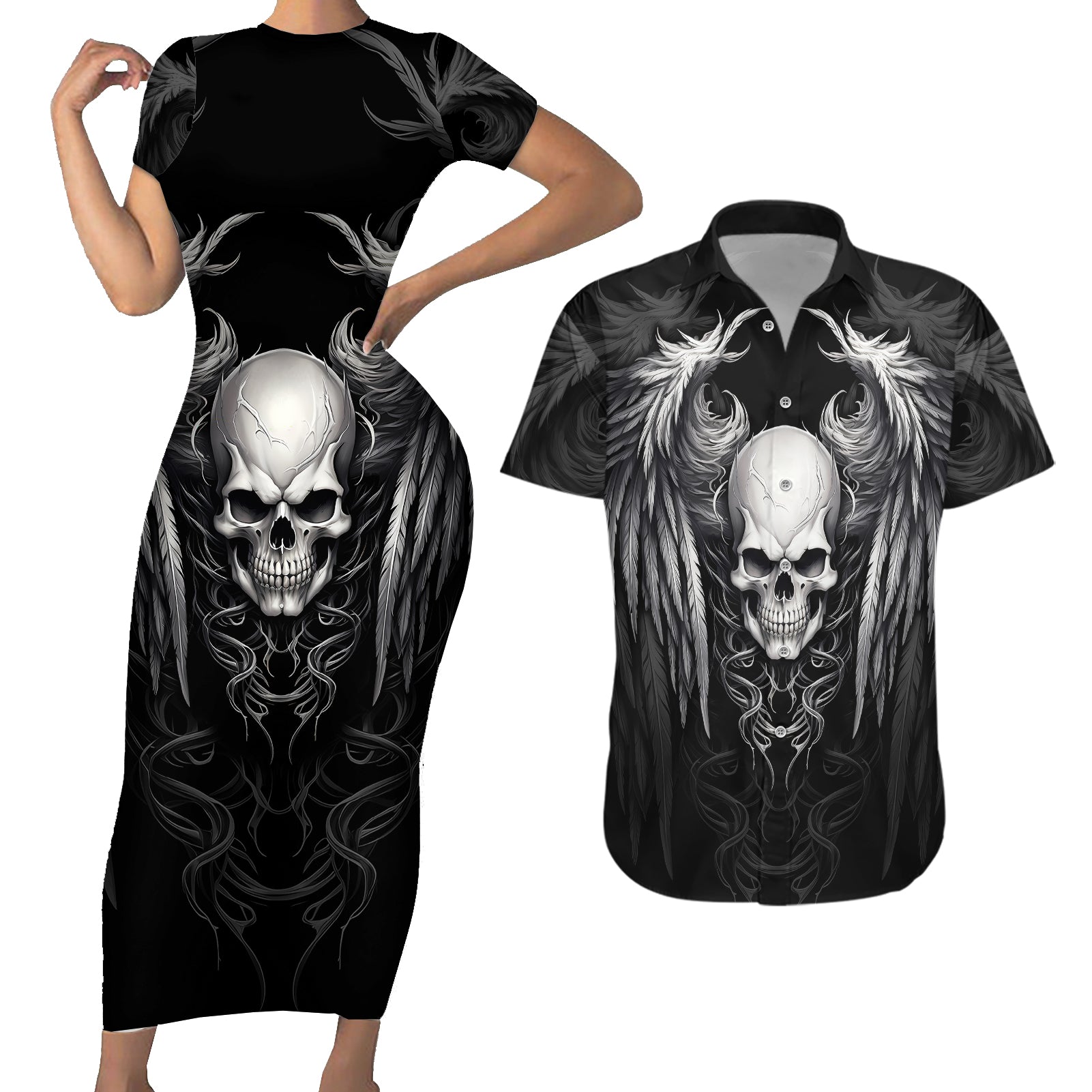 Skull and Wings Couples Matching Short Sleeve Bodycon Dress and Hawaiian Shirt Even The Devil Was Once An Angel - Wonder Print Shop