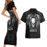 Skull and Wings Couples Matching Short Sleeve Bodycon Dress and Hawaiian Shirt Even The Devil Was Once An Angel - Wonder Print Shop