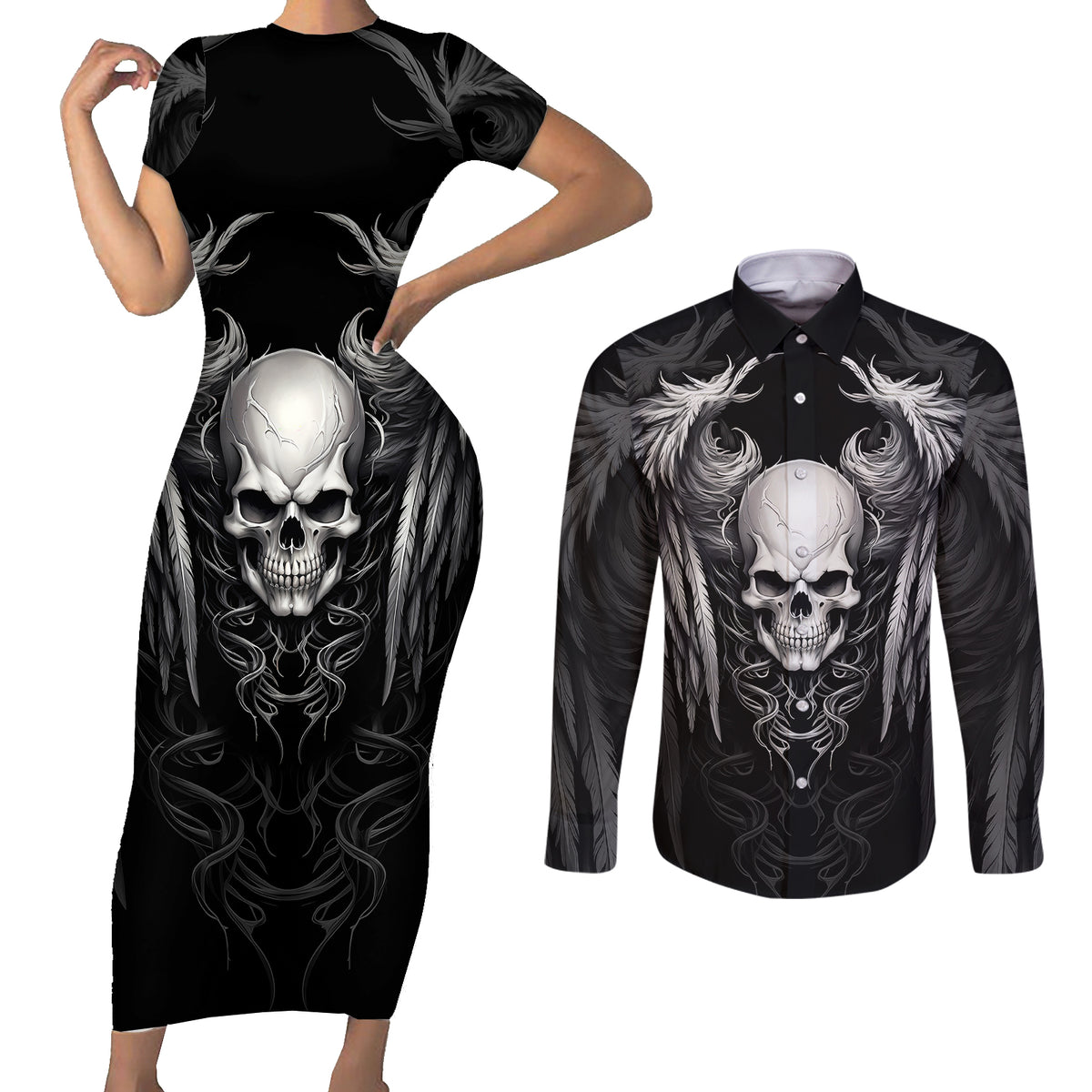 Skull and Wings Couples Matching Short Sleeve Bodycon Dress and Long Sleeve Button Shirts Even The Devil Was Once An Angel - Wonder Print Shop