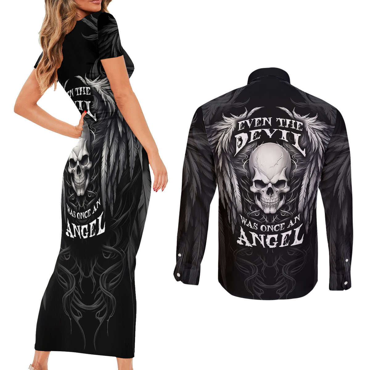 Skull and Wings Couples Matching Short Sleeve Bodycon Dress and Long Sleeve Button Shirts Even The Devil Was Once An Angel - Wonder Print Shop