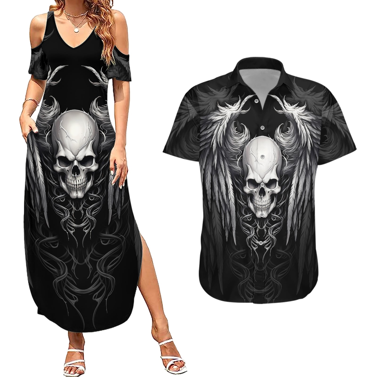Skull and Wings Couples Matching Summer Maxi Dress and Hawaiian Shirt Even The Devil Was Once An Angel - Wonder Print Shop