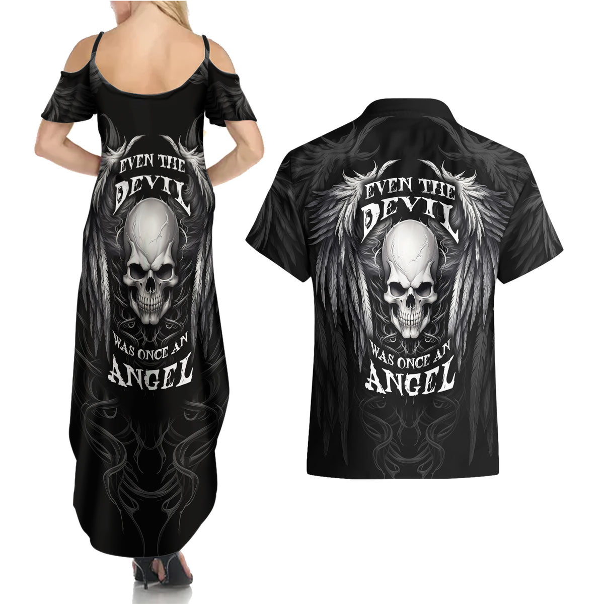 Skull and Wings Couples Matching Summer Maxi Dress and Hawaiian Shirt Even The Devil Was Once An Angel - Wonder Print Shop