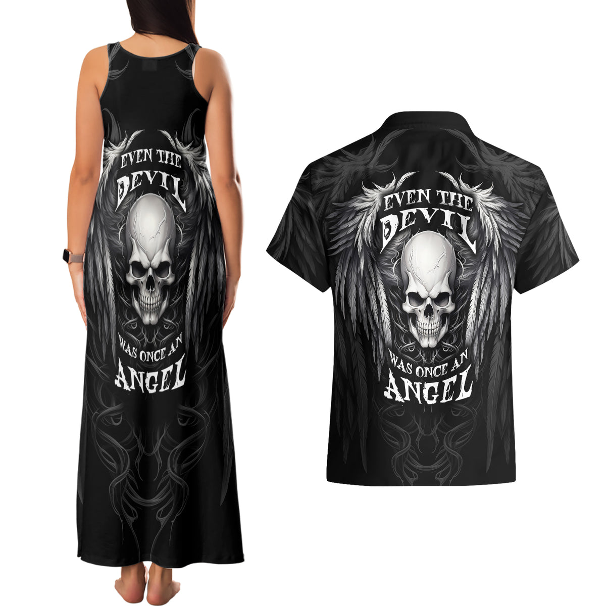 Skull and Wings Couples Matching Tank Maxi Dress and Hawaiian Shirt Even The Devil Was Once An Angel - Wonder Print Shop