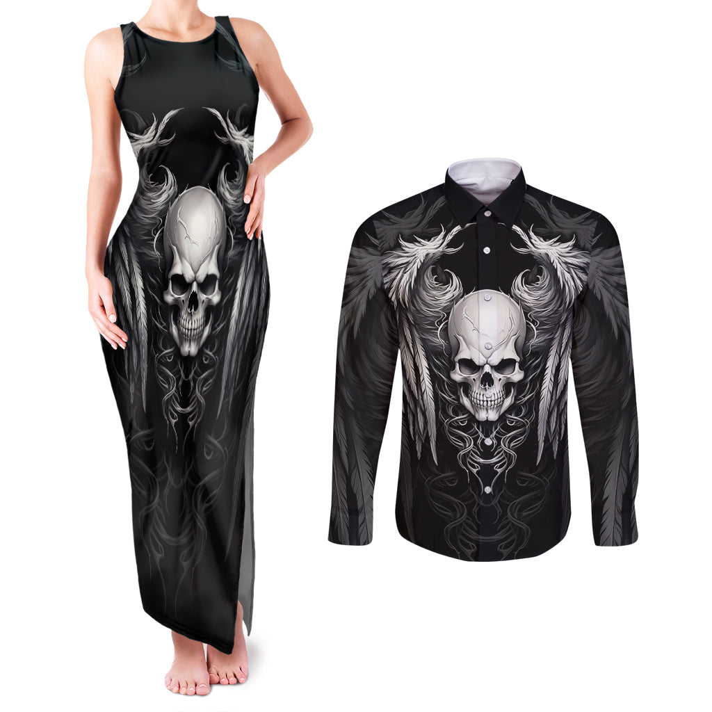 Skull and Wings Couples Matching Tank Maxi Dress and Long Sleeve Button Shirts Even The Devil Was Once An Angel - Wonder Print Shop