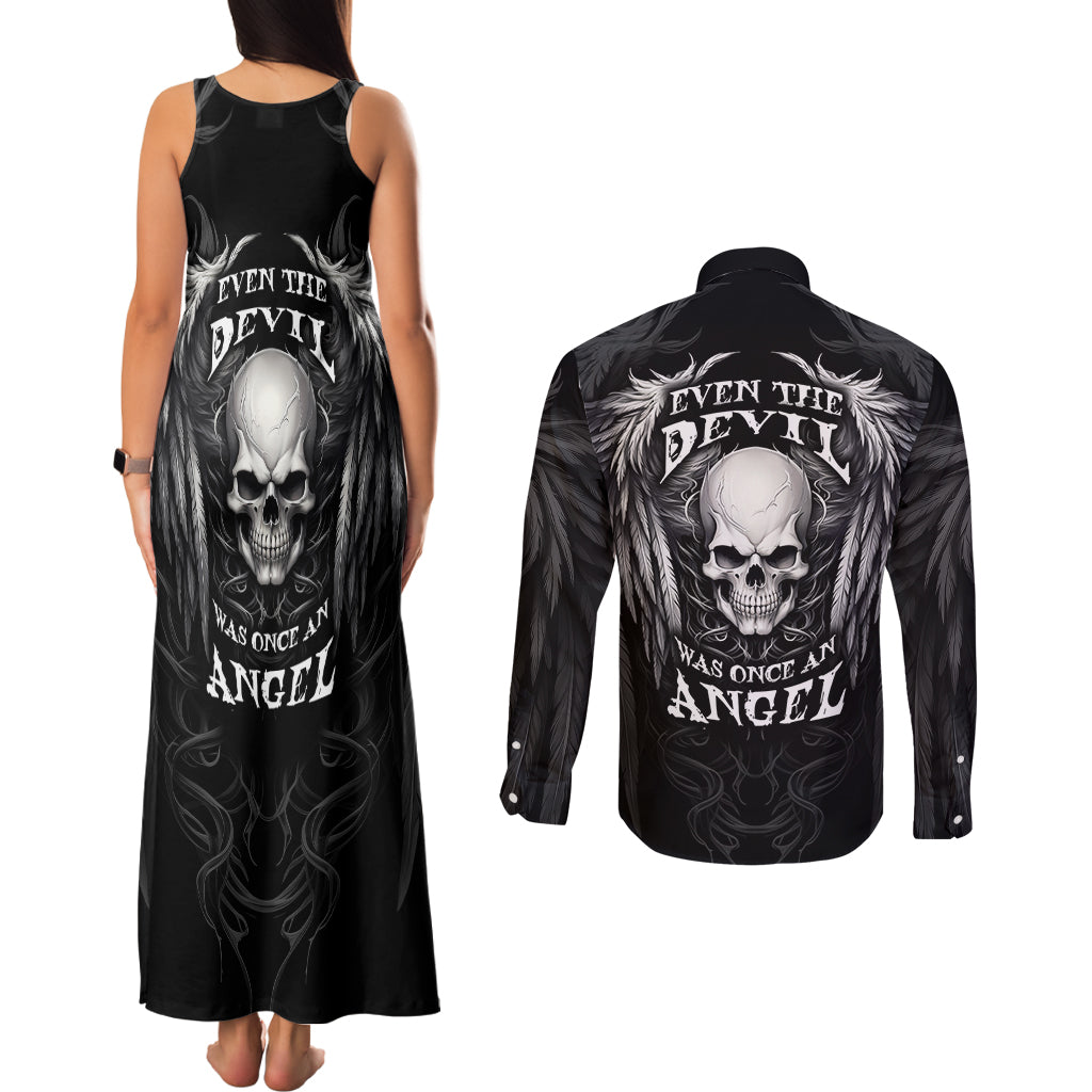 Skull and Wings Couples Matching Tank Maxi Dress and Long Sleeve Button Shirts Even The Devil Was Once An Angel - Wonder Print Shop