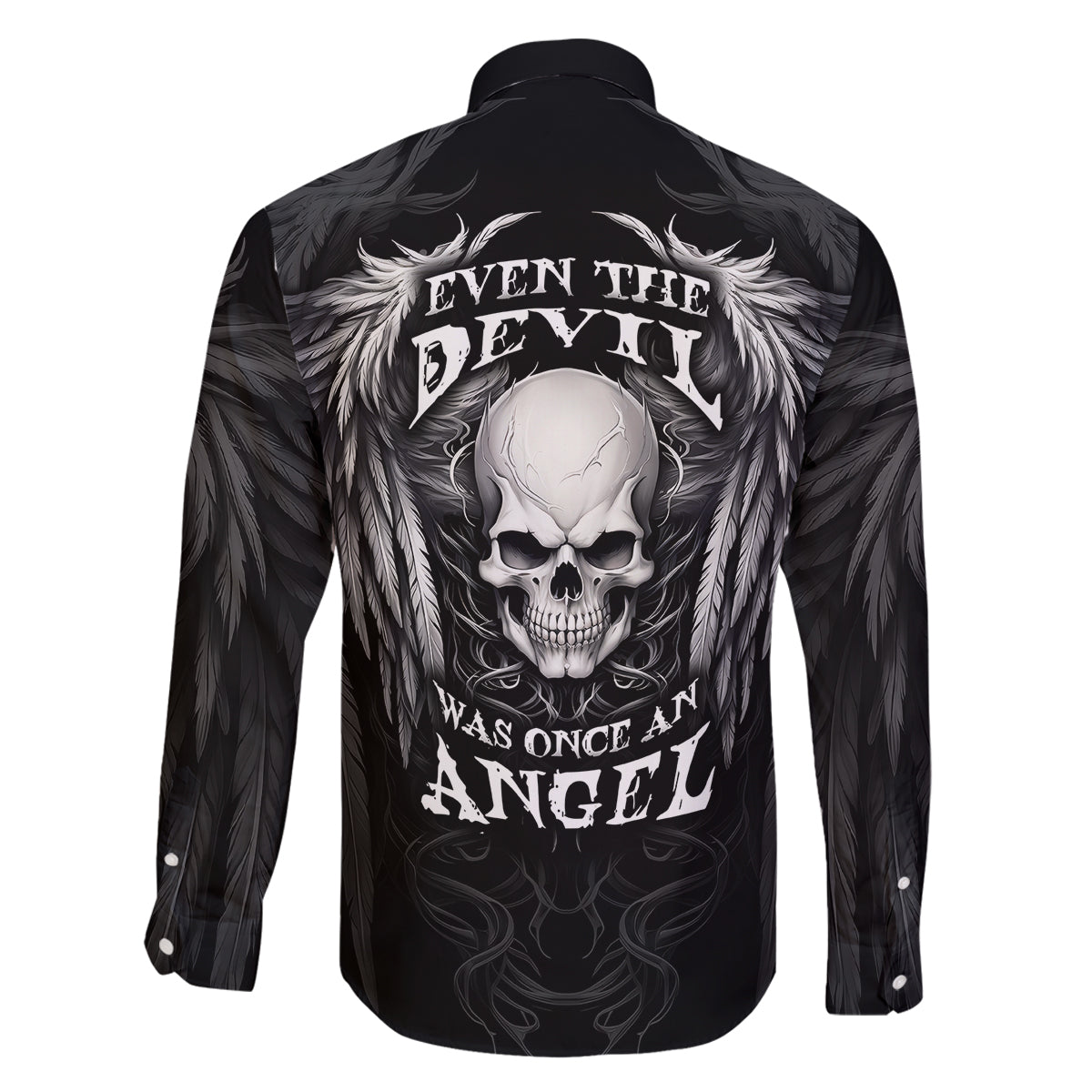 Skull and Wings Family Matching Off Shoulder Long Sleeve Dress and Hawaiian Shirt Even The Devil Was Once An Angel - Wonder Print Shop