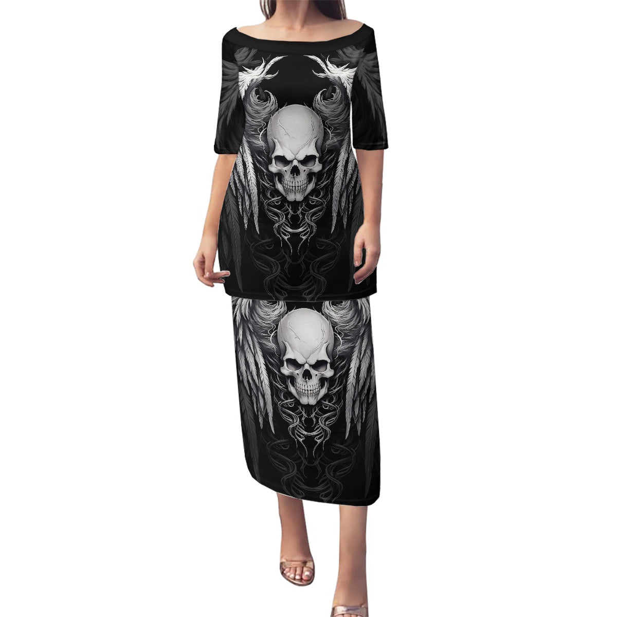 Skull and Wings Family Matching Puletasi Dress and Hawaiian Shirt Even The Devil Was Once An Angel - Wonder Print Shop
