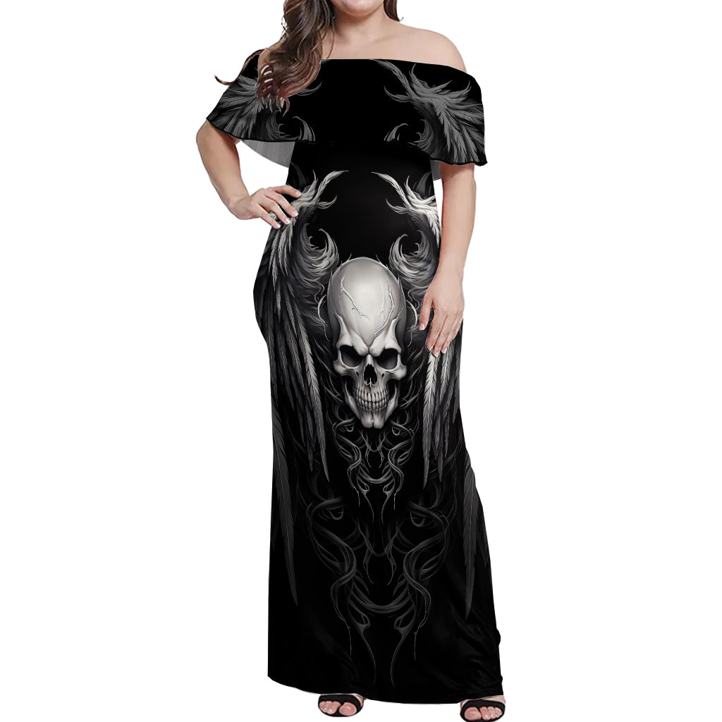 Skull and Wings Off Shoulder Maxi Dress Even The Devil Was Once An Angel - Wonder Print Shop