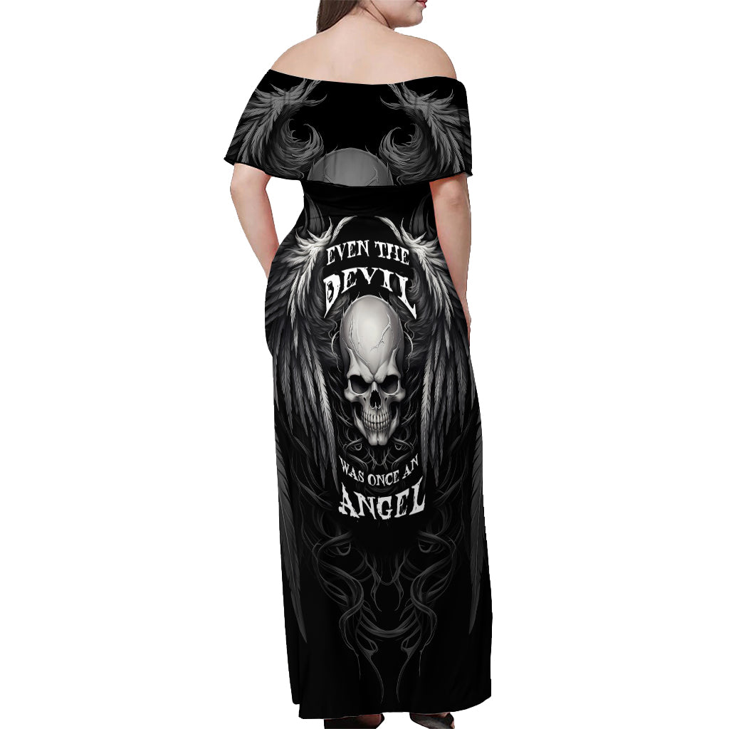 Skull and Wings Off Shoulder Maxi Dress Even The Devil Was Once An Angel - Wonder Print Shop