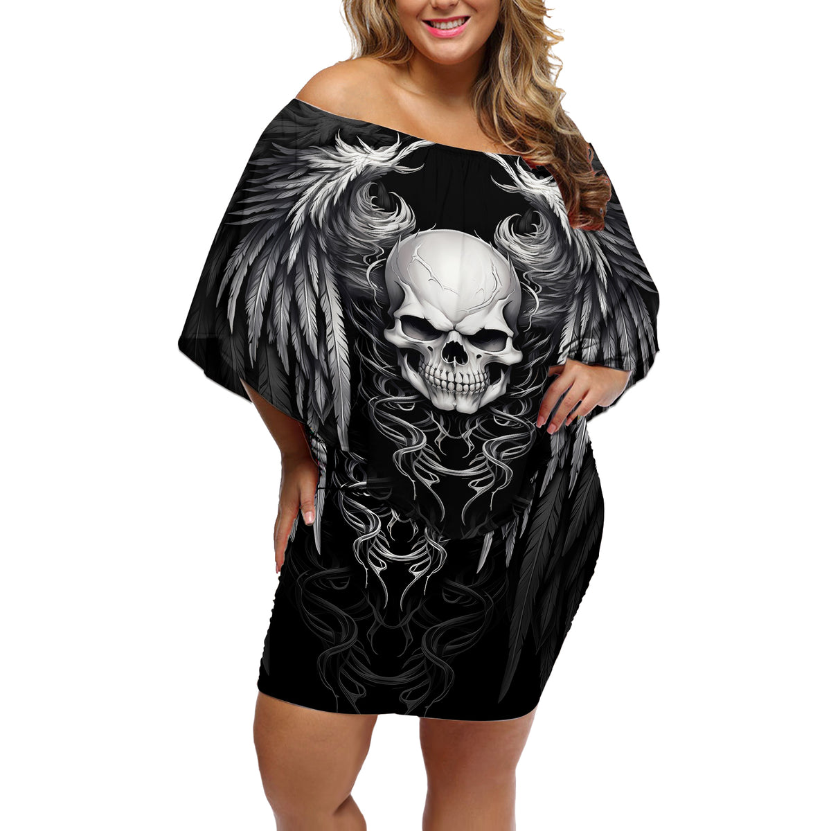 Skull and Wings Off Shoulder Short Dress Even The Devil Was Once An Angel - Wonder Print Shop
