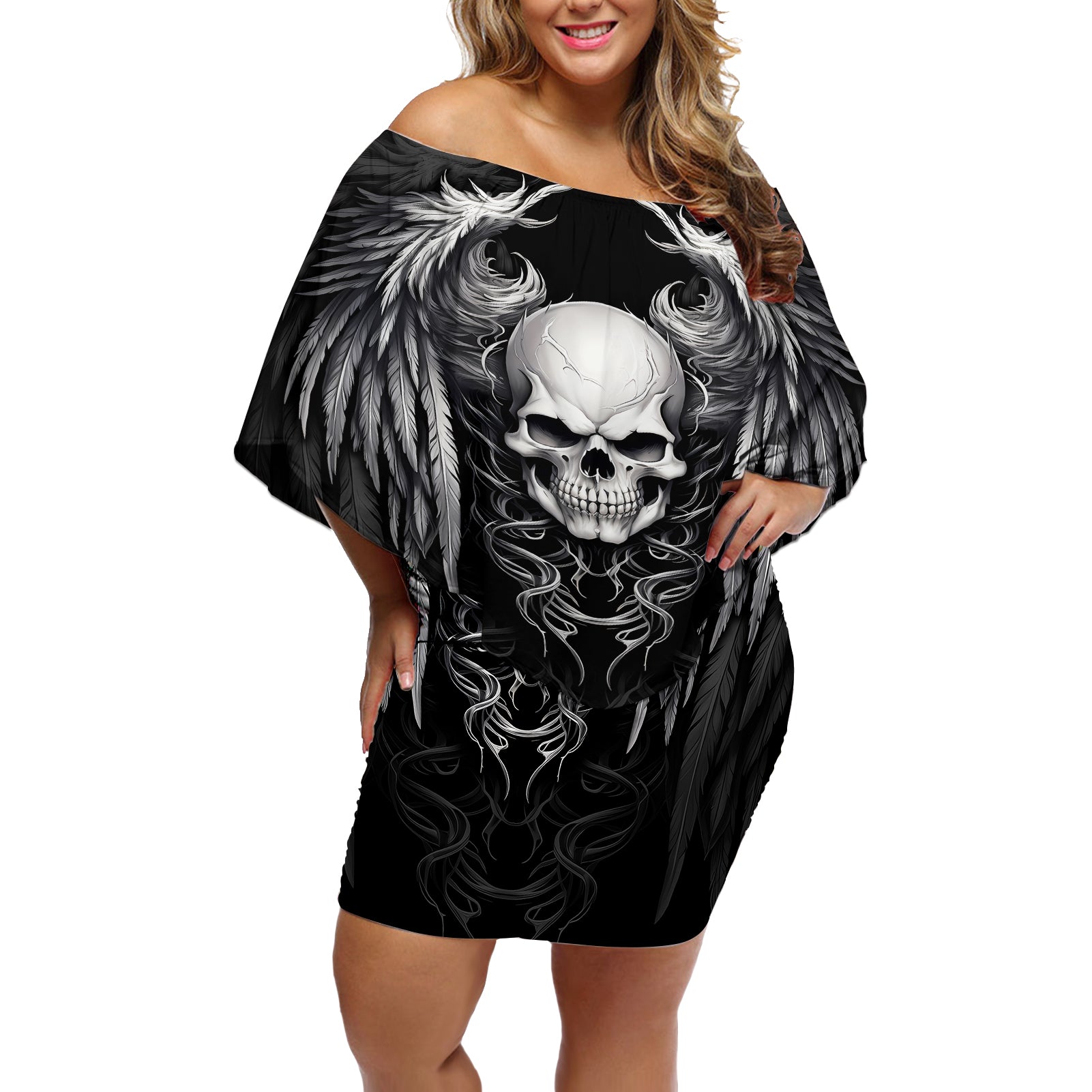 Skull and Wings Off Shoulder Short Dress Even The Devil Was Once An Angel - Wonder Print Shop