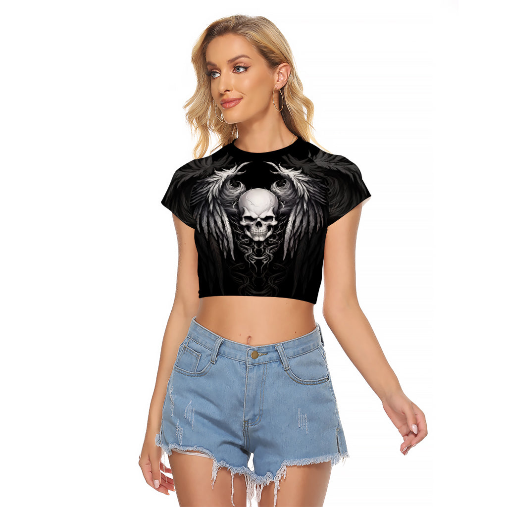 Skull and Wings Raglan Cropped T Shirt Even The Devil Was Once An Angel - Wonder Print Shop