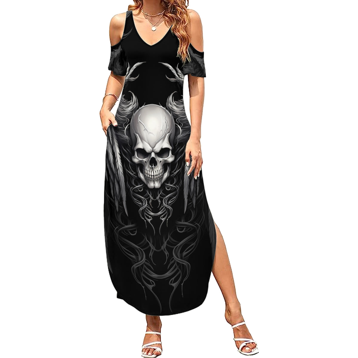 Skull and Wings Summer Maxi Dress Even The Devil Was Once An Angel - Wonder Print Shop