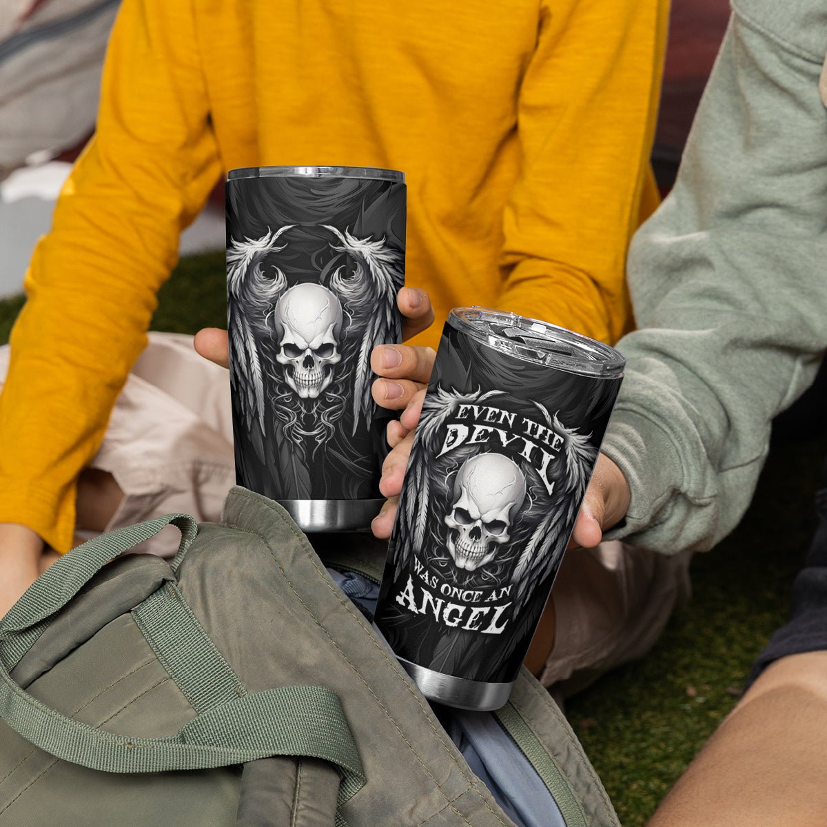 Skull and Wings Tumbler Cup Even The Devil Was Once An Angel - Wonder Print Shop