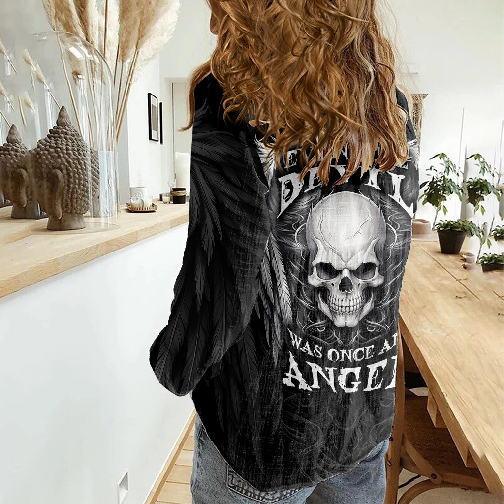 Skull and Wings Women Casual Shirt Even The Devil Was Once An Angel - Wonder Print Shop