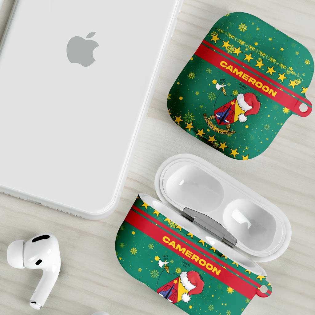 Cameroon Christmas AirPods Case with Green Red Pattern Coat of Arms Santa Hat and Stars Motif - Wonder Print Shop