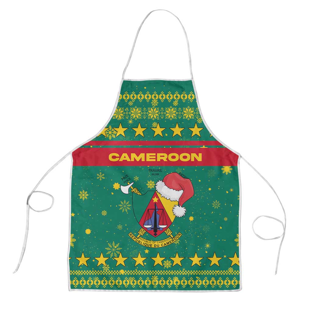 Cameroon Christmas Apron with Green Red Pattern Coat of Arms Santa Hat and Stars Motif - Wonder Print Shop