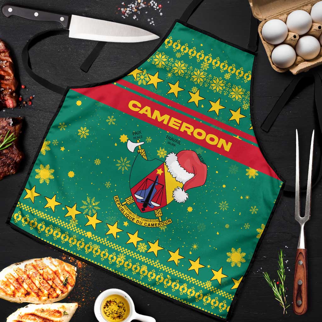 Cameroon Christmas Apron with Green Red Pattern Coat of Arms Santa Hat and Stars Motif - Wonder Print Shop