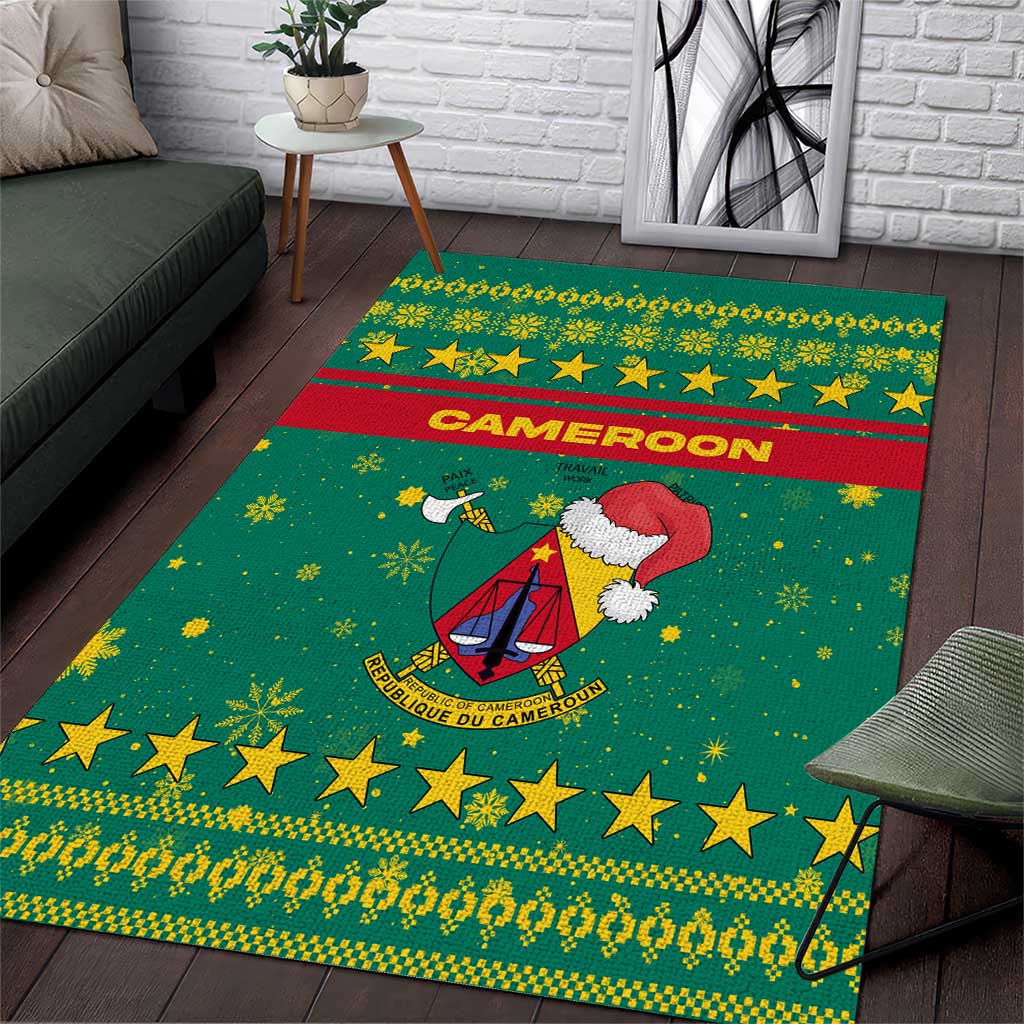 Cameroon Christmas Area Rug with Green Red Pattern Coat of Arms Santa Hat and Stars Motif - Wonder Print Shop