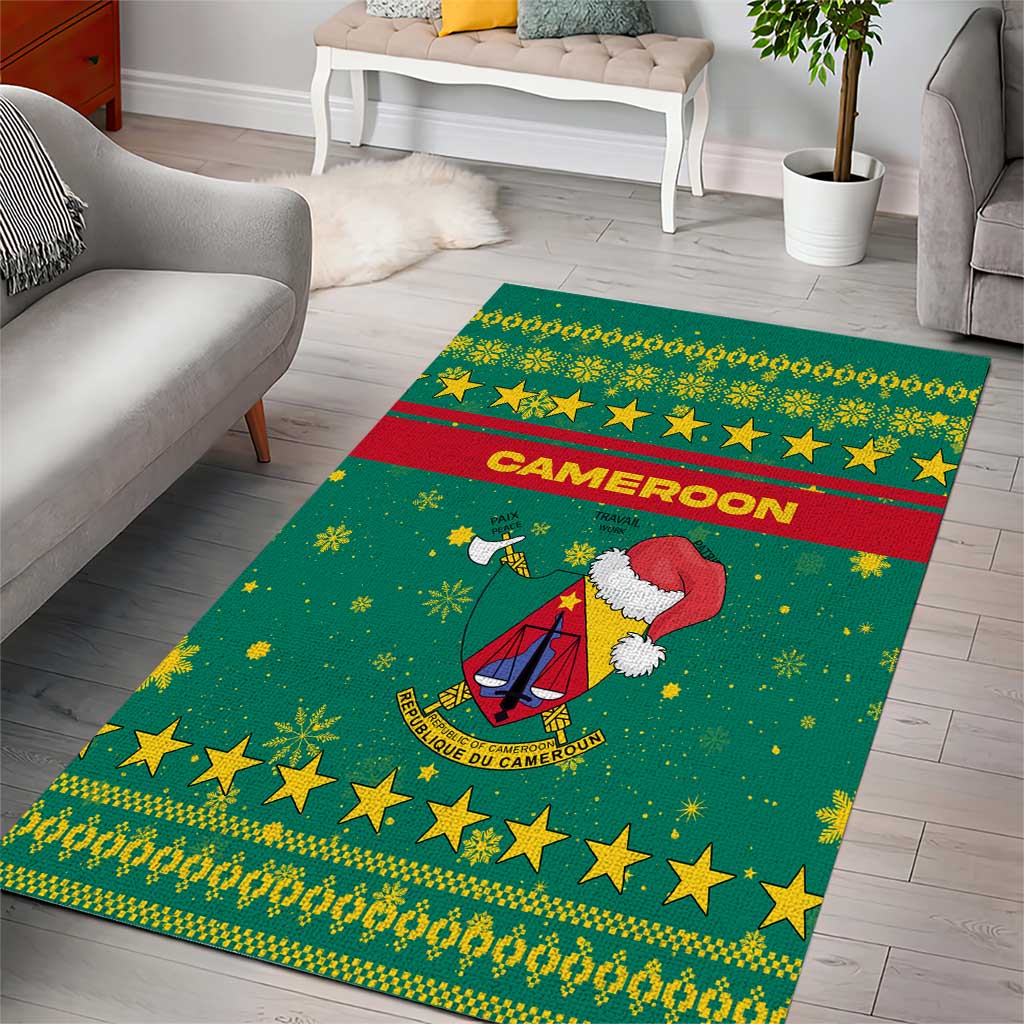 Cameroon Christmas Area Rug with Green Red Pattern Coat of Arms Santa Hat and Stars Motif - Wonder Print Shop