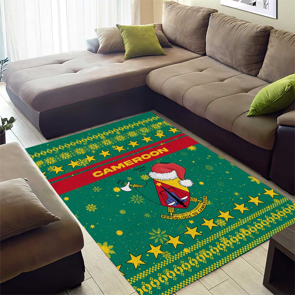 Cameroon Christmas Area Rug with Green Red Pattern Coat of Arms Santa Hat and Stars Motif - Wonder Print Shop