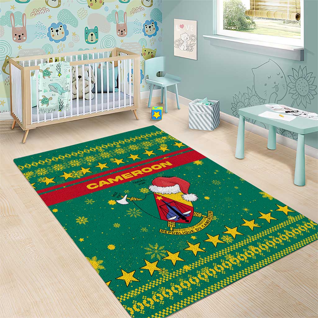 Cameroon Christmas Area Rug with Green Red Pattern Coat of Arms Santa Hat and Stars Motif - Wonder Print Shop