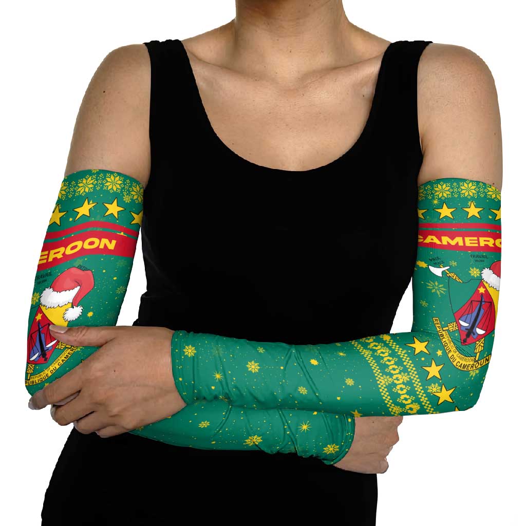 Cameroon Christmas Arm Sleeves with Green Red Pattern Coat of Arms Santa Hat and Stars Motif - Wonder Print Shop