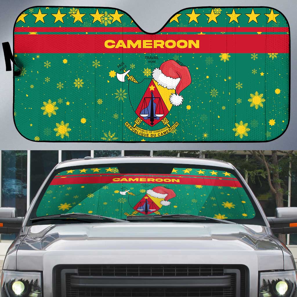 Cameroon Christmas Auto Sun Shade with Green Red Pattern Coat of Arms Santa Hat and Stars Motif - Wonder Print Shop