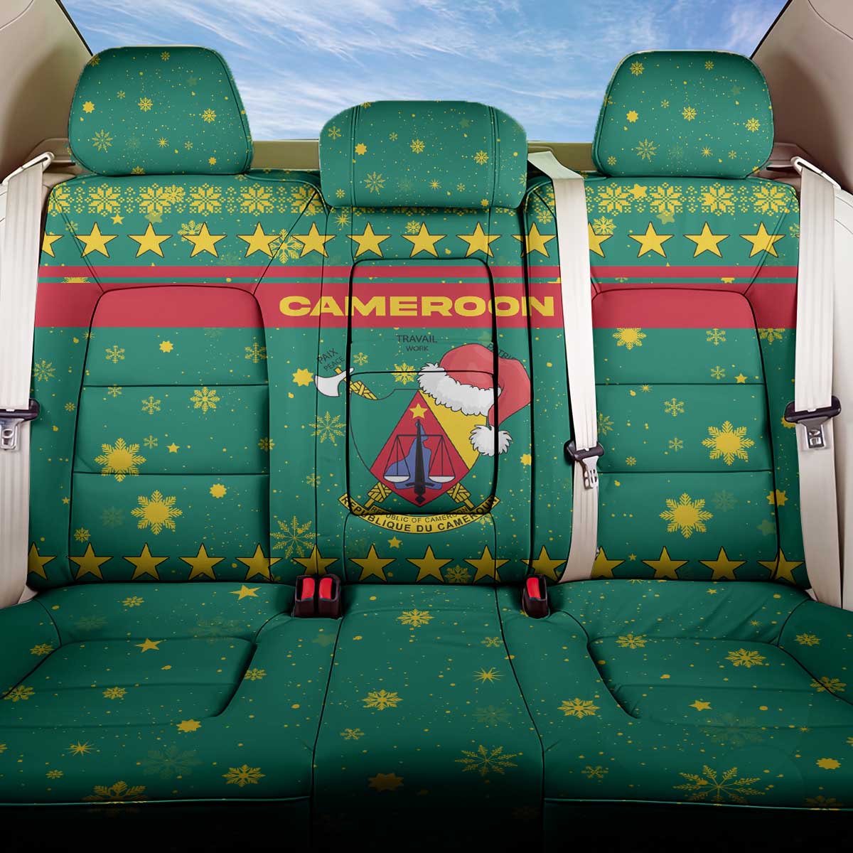 Cameroon Christmas Back Car Seat Cover with Green Red Pattern Coat of Arms Santa Hat and Stars Motif - Wonder Print Shop