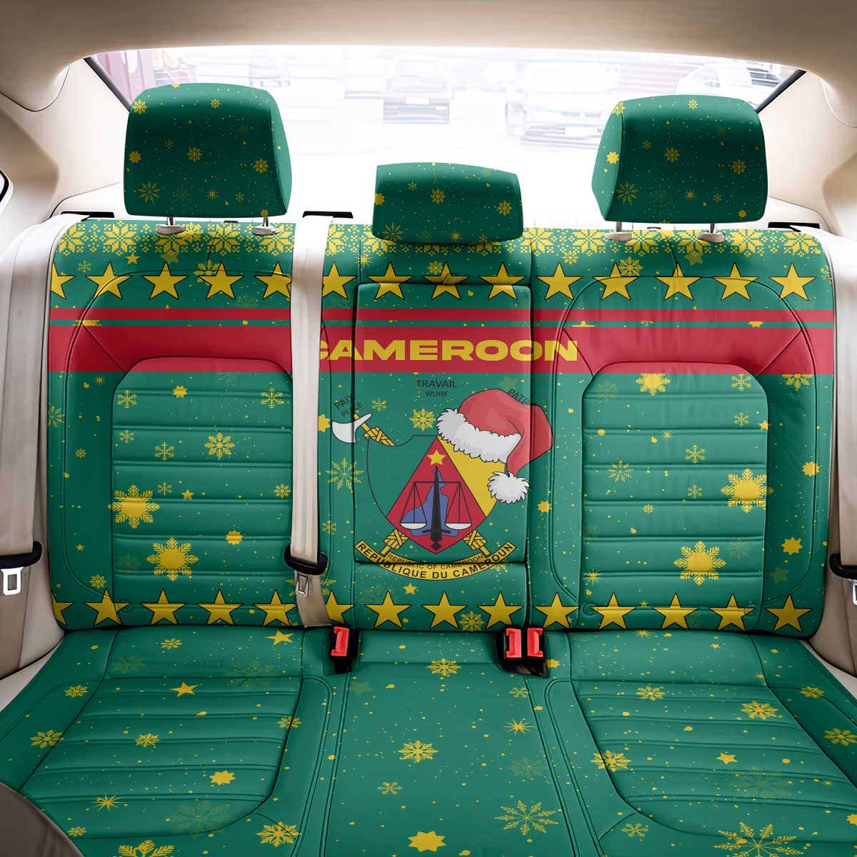 Cameroon Christmas Back Car Seat Cover with Green Red Pattern Coat of Arms Santa Hat and Stars Motif - Wonder Print Shop