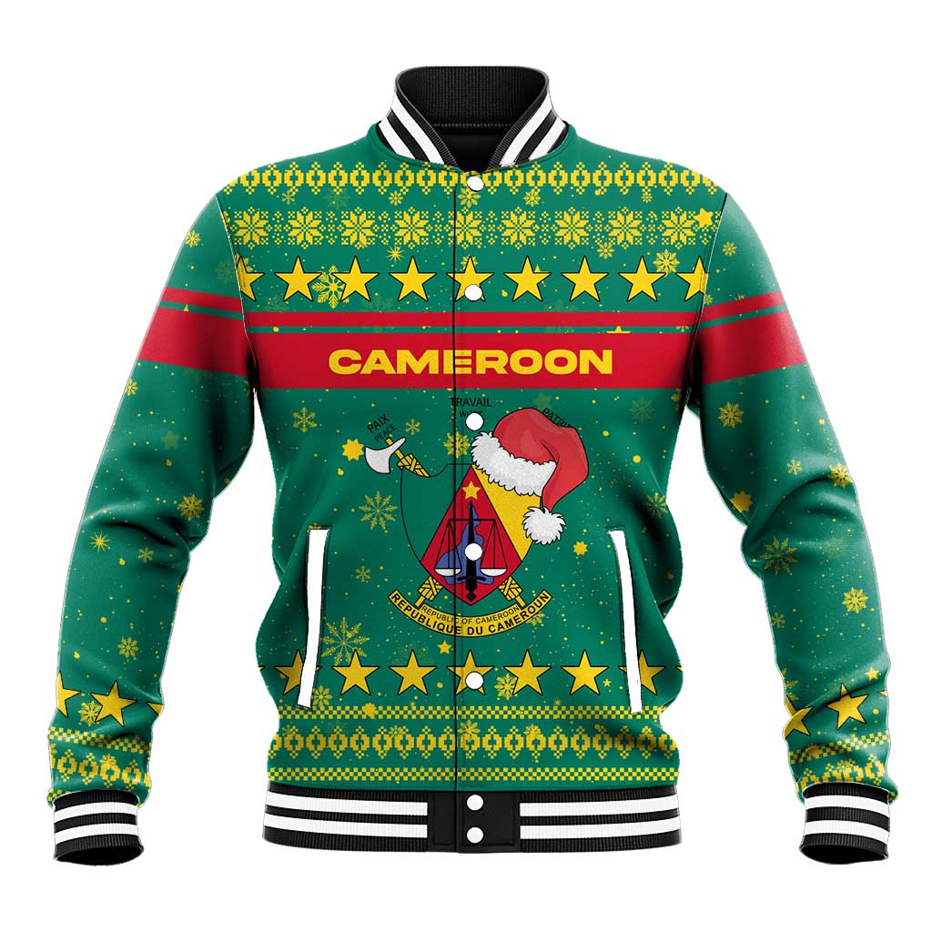Cameroon Christmas Baseball Jacket with Green Red Pattern Coat of Arms Santa Hat and Stars Motif - Wonder Print Shop